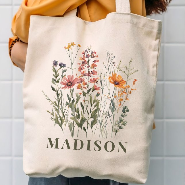 Bolsa Tote Saco de mão personalizado com flores silvestres pa (Personalized wildflowers tote bag gift for mom, grandma, friends, bride tribe and bridesmaids)