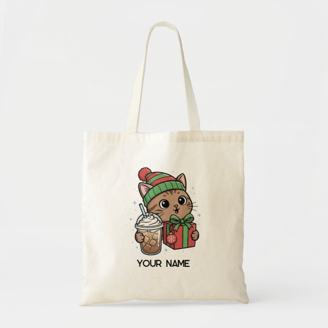 Bolsa Tote Saco de mão personalizado de Natal com gato fofo (Frente)