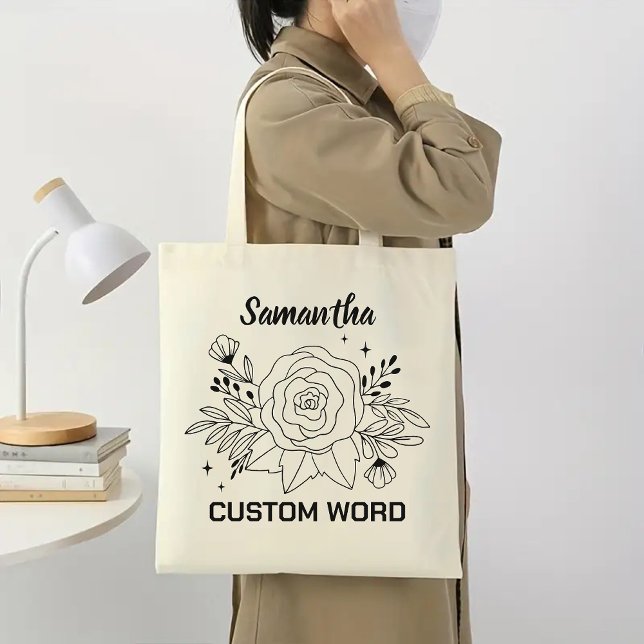 Bolsa Tote Saco de Mão Personalizado para Damas de Honra, Pre (minimalist floral tote bag, custom name tote, personalized gift for her, bridesmaid tote bag)