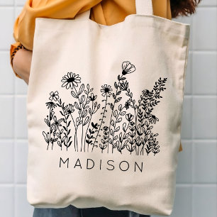Bolsa Tote Saco de mão rústico de flores silvestres com nome