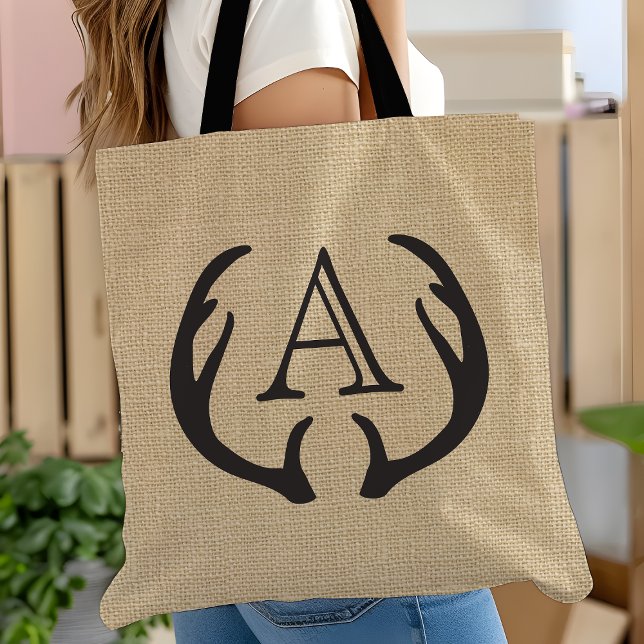 Bolsa Tote Saco de mão rústico em burlap com antler de veado  (Criador carregado)
