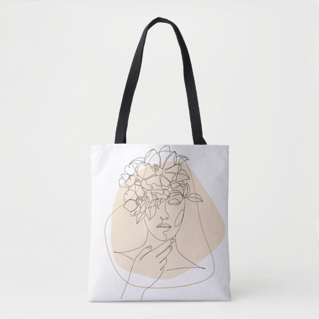 Bolsa Tote Saco de Mulher Estética Boêmia com Flores e Rosto (Frente)