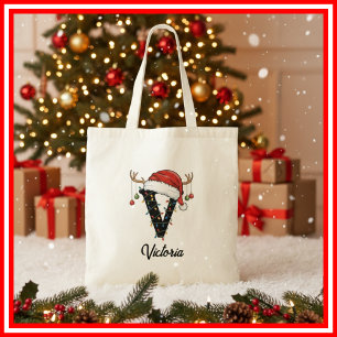 Bolsa Tote Saco de Natal com Antílope e Chapéu de Papai Noel