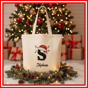 Bolsa Tote Saco de Natal com Antílope e Chapéu de Papai Noel