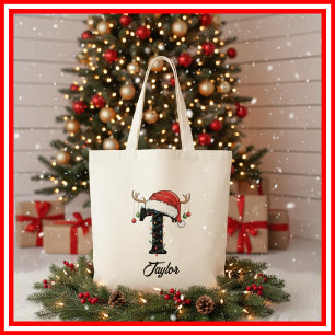 Bolsa Tote Saco de Natal com Antílope e Chapéu de Papai Noel
