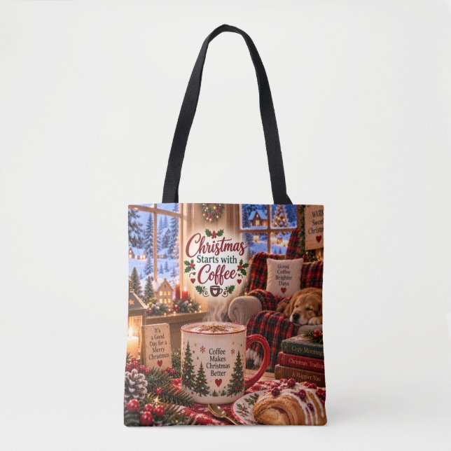 Bolsa Tote Saco de Natal Começa com Café (Frente)