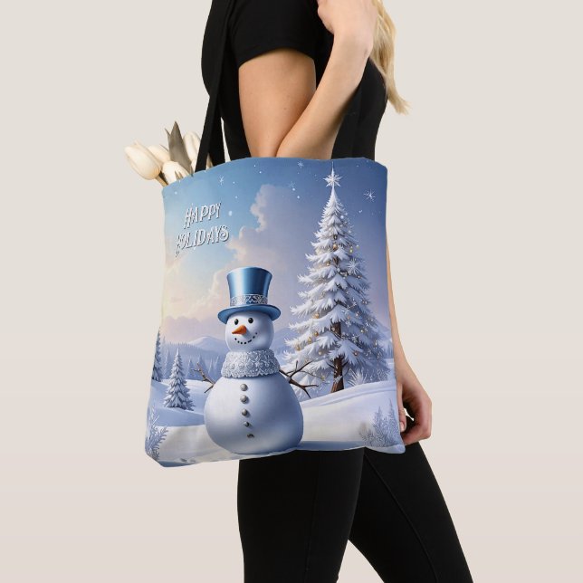 Bolsa Tote Saco de Natal de Chapéu Azul Boneco de Neve Árvore (Close Up)