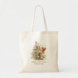Bolsa Tote Saco de Natal em Aquarela Vintage com Menino e Árv