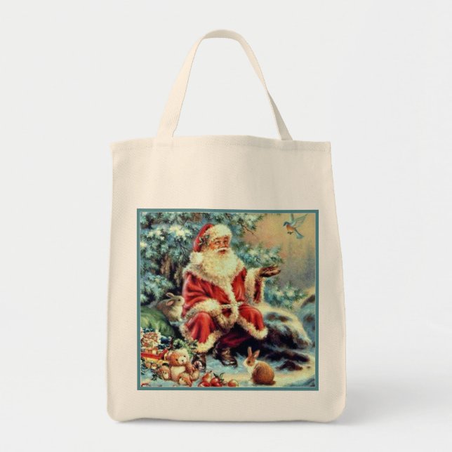 Bolsa Tote Saco de Natal em Tecido Canvas com Papai Noel Alim (Frente)