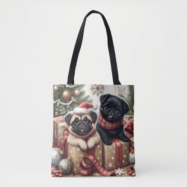 Bolsa Tote Saco de Natal Pug (Frente)