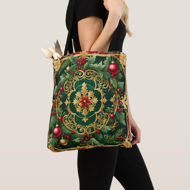 Bolsa Tote Saco de Natal Vermelho Verde Dourado (Close Up)