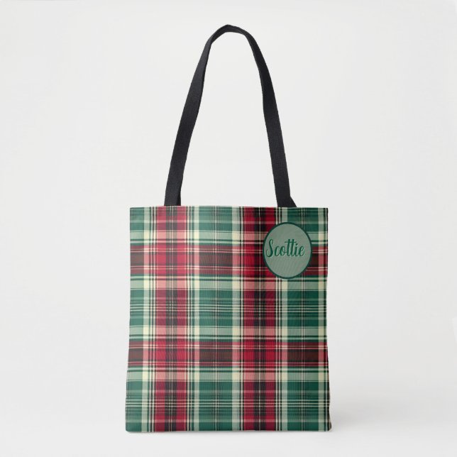 Bolsa Tote Saco de Plaid Tartan com Nome Personalizado – (Frente)