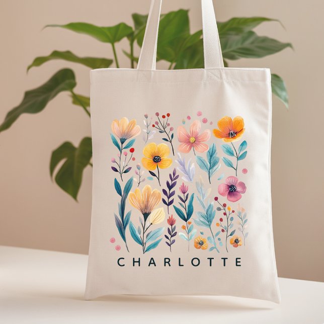 Bolsa Tote Saco de presente floral personalizado para mamãe,  ( Bride-to-be keepsake, Birthday gift for her,  Teacher appreciation gift, Student back-to-school bag)