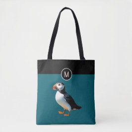 Bolsa Tote Saco de Puffin-do-Atlântico em Azul Verde com Mono