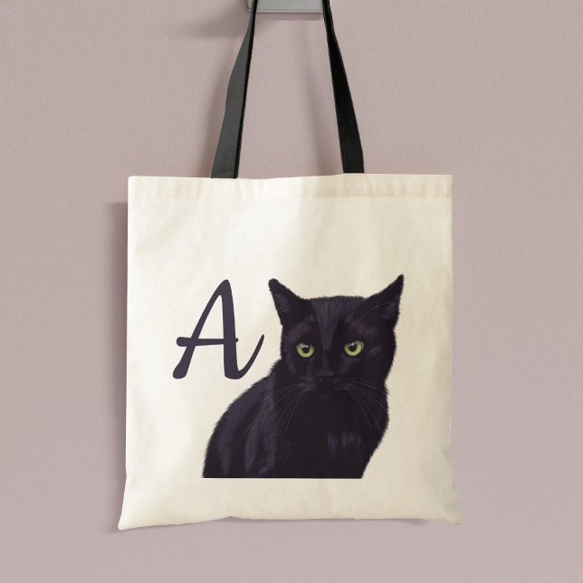 Bolsa Tote Saco de Toa de Monograma de Arte de Gato Preto (If you love black cats and tote bags, this is just for you. Add your initial!)