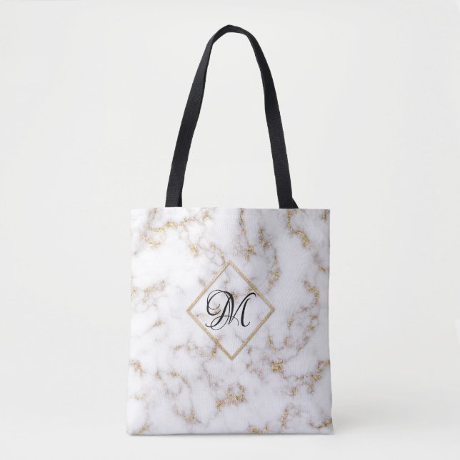 Bolsa Tote Saco de Toa Dourado Mármaco Branco Elegante Modern (Frente)