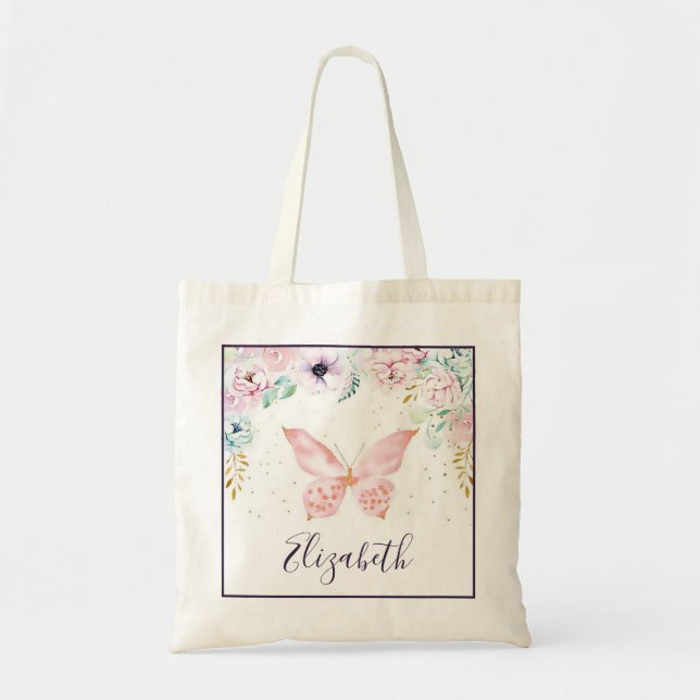 Bolsa Tote Saco de toalha floral e borboleta de pastel (Frente)