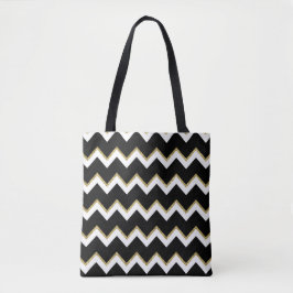 Bolsa Tote Saco de Tocha Chevron Preto, Branco e Dourado