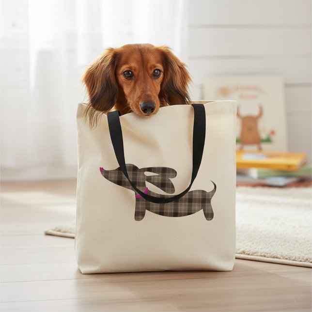 Bolsa Tote Saco de Toia do Canino de Xadrez de Dachshund com  (gray plaid dachshund tote bag for doxie moms)