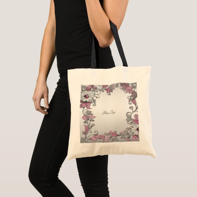 Bolsa Tote Saco de Toia Floral Branco Prateado Rosa (Frente (produto))