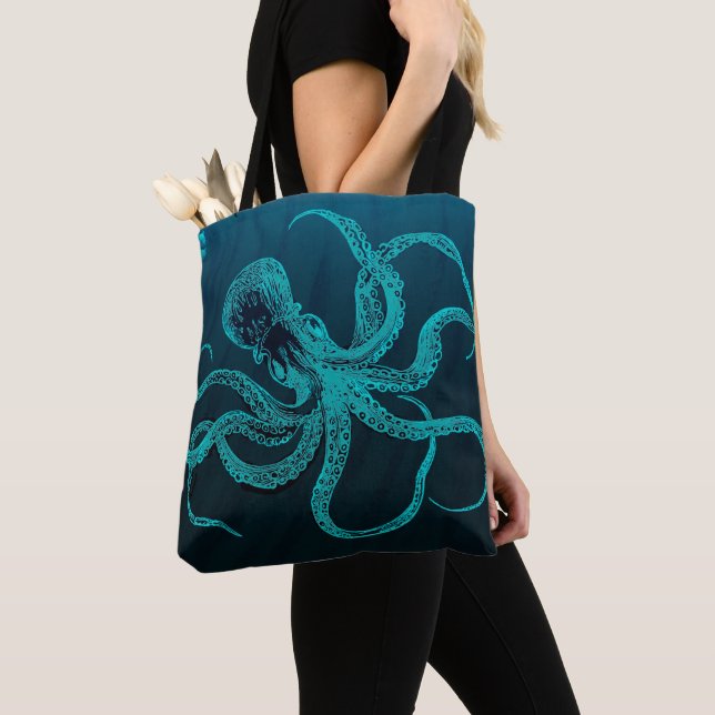 Bolsa Tote Saco de Topete de Octopus Azul Profundo (Close Up)