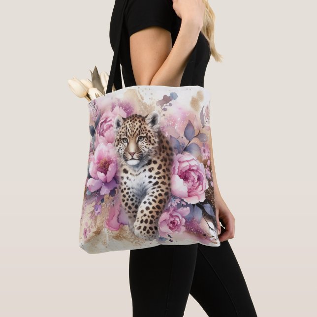 Bolsa Tote Saco de Toque de Leopard e Rosas (Close Up)
