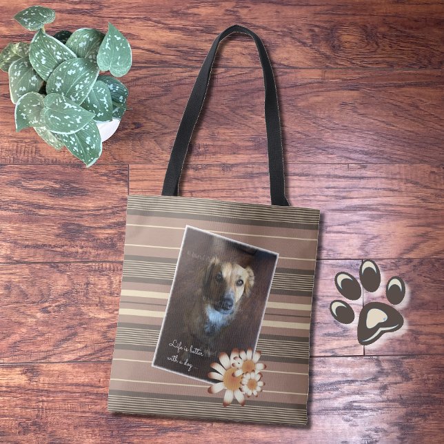 Bolsa Tote Saco de toques com listras marrons com foto de cão (Criador carregado)