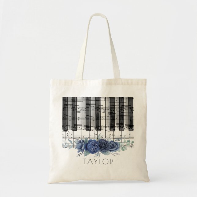 Bolsa Tote saco de toques de rosas de piano azul (Frente)