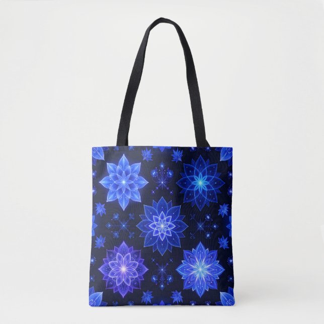 Bolsa Tote Saco de Toques Místicos Florais Púrpura Azul brilh (Frente)