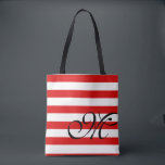 Bolsa Tote Saco de Toques Monograma e Stripes - Vermelho<br><div class="desc">Personalize com a sua inicial. Saco de Tota Monograma & Stripes.  Disponível em vermelho,  azul e outras cores,  incluindo roxo,  cinza lavanda,  rosa,  amarelo. verde-marinho e azul-marinho.  Por favor,  veja nossa coleção de "tote bag" para ver as outras cores.</div>