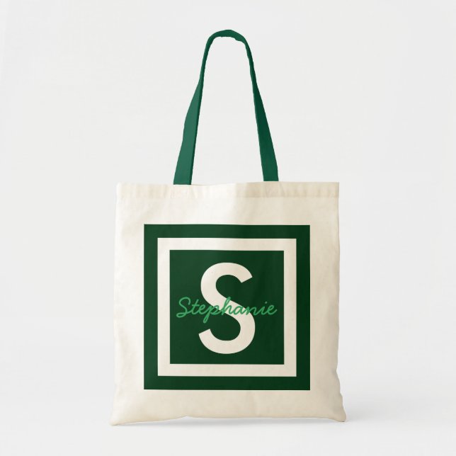 Bolsa Tote Saco de Toques Personalizado do Monograma Verde (Frente)