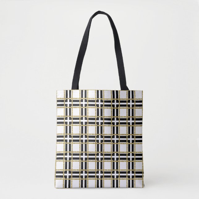 Bolsa Tote Saco de Toques Preto, Branco e Dourado Quadrados (Frente)