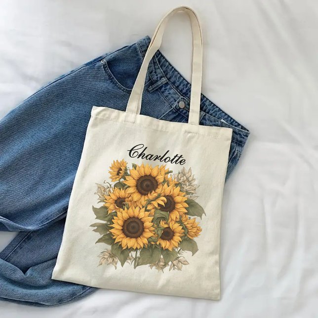 Bolsa Tote Saco de tostas de Sunflower personalizados, presen (custom name tote, grandma tote bag, nana gift bag, mom tote, Mother’s Day tote, bridal shower tote)