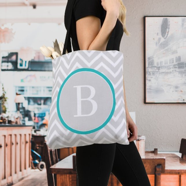 Bolsa Tote Saco de Tota Chevron Monograma Teal (Teal Chevron Monogram Tote Bag)