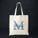 Bolsa Tote Saco de tota de monograma personalizado | azul e b<br><div class="desc">Saco de tota monograma de nome personalizado | marinho azul e branco. Design de logotipo Elegante com iniciais de letras monogramas. Boa ideia de presente para noiva,  florista,  madrinha de casamento e madrinhas nos casamentos.</div>