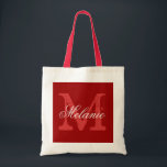 Bolsa Tote Saco de tota de monograma personalizado | Bordeaux<br><div class="desc">Saco de tota monograma de nome personalizado | Bordéus vermelho e branco. Design de logotipo elegante com lindas iniciais monográficas. Boa ideia de presente para noiva, florista, madrinha de casamento e madrinhas nos casamentos. Texto de script clássico com letra de fundo chic. Excelente também para chá de panela ou festa...</div>