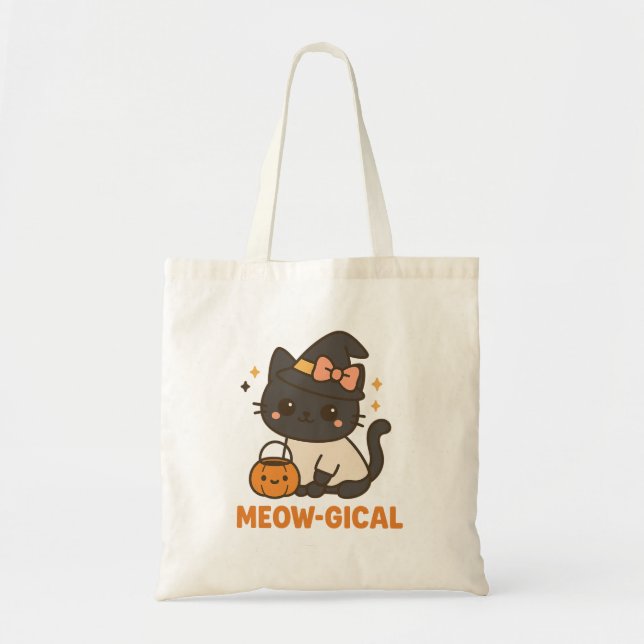 Bolsa Tote Saco de Tota do Halloween - Gato de Bruxas Bonitas (Frente)