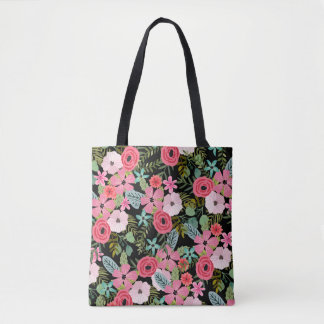 Bolsa Tote Saco de tota floral branco rosa preto