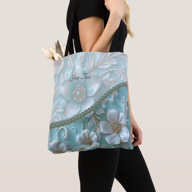 Bolsa Tote Saco de Tota Floral Branco Teal (Close Up)