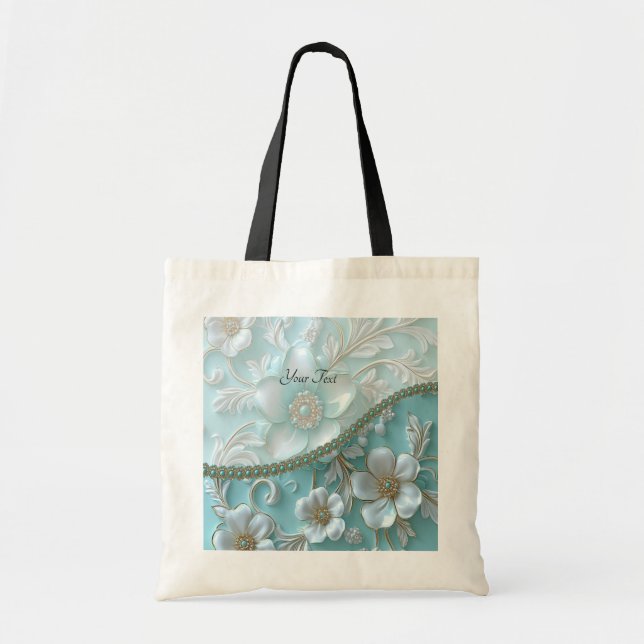 Bolsa Tote Saco de Tota Floral Branco Teal (Frente)