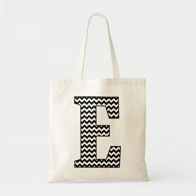 Bolsa Tote Saco de Tota Monograma "E", Chevron Preto e Branco (Frente)
