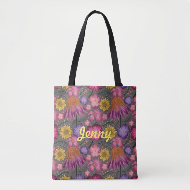 Bolsa Tote Saco de Tota Personalizado Floral de Cinza de Flor (Frente)