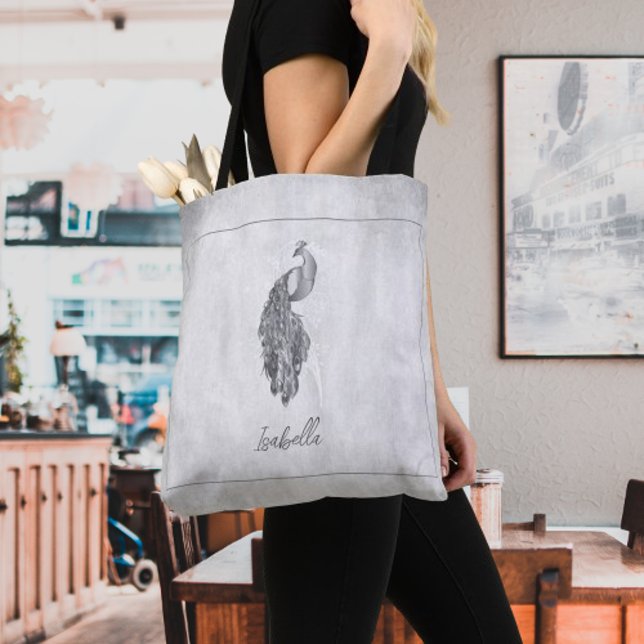Bolsa Tote Saco de Tota Personalizado Pavão Elegante Silver (Silver Elegant Peacock Personalized Tote Bag)