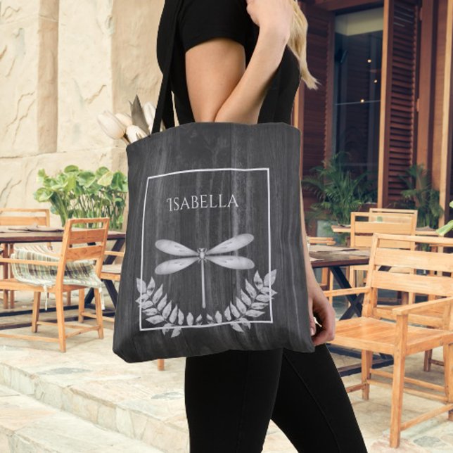 Bolsa Tote Saco de Tota Personalizado Russo Dragonfly (Silver Dragonfly Rustic Personalized Tote Bag)