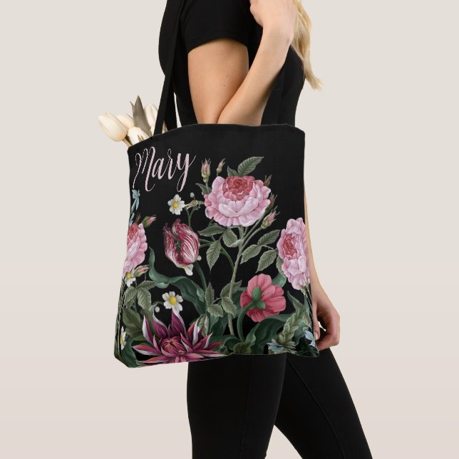 Bolsa Tote Saco de Tota Preto Personalizado - Padrão Floral (Close Up)