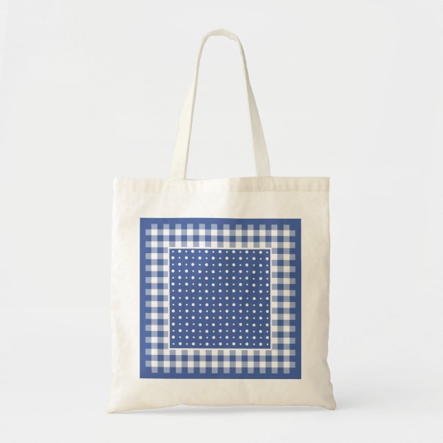 Bolsa Tote Saco de Tote, Azul Escuro, Bolinhas Brancas e Veri (Frente)