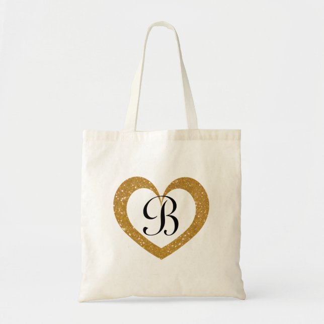 Bolsa Tote Saco de tote cardíaco com brilho dourado personali (Frente)