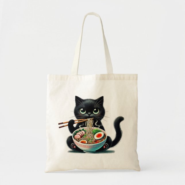 Bolsa Tote Saco de Tote com Gato Bonito Curtindo Ramen (Frente)