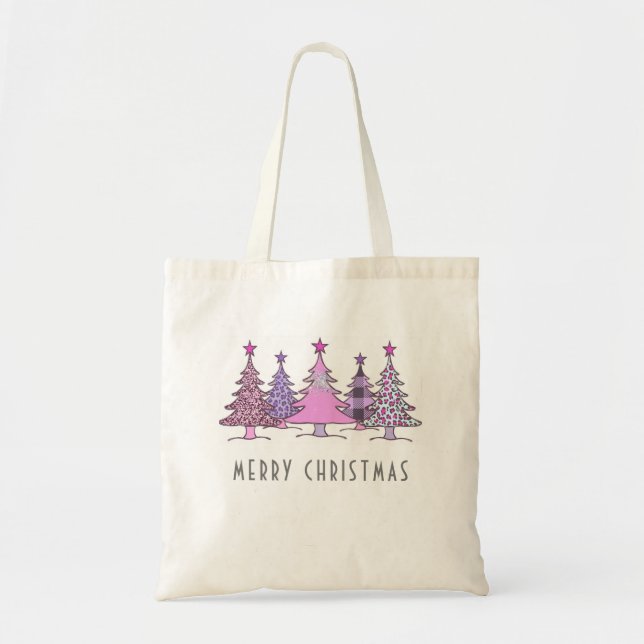 Bolsa Tote Saco de Tote das Árvores de Natal Rosa e Púrpura (Frente)