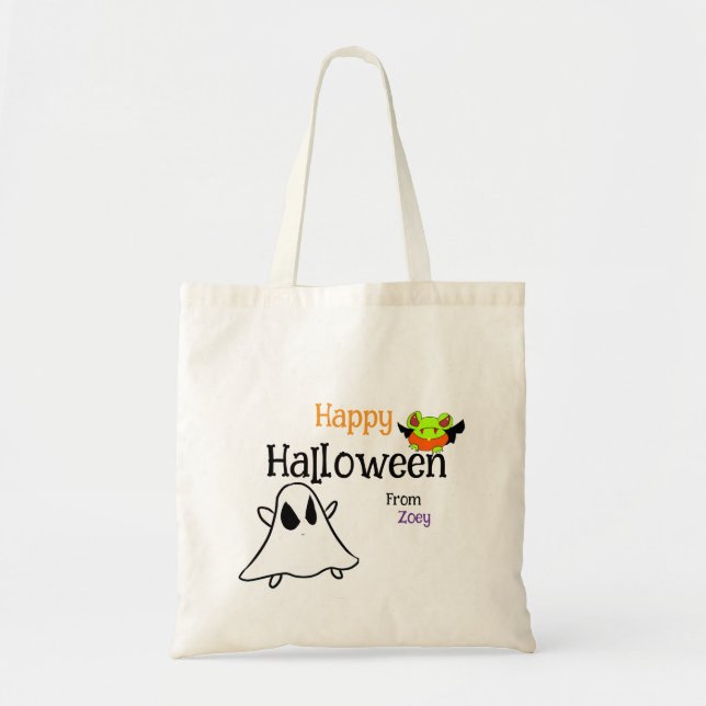 Bolsa Tote Saco de Tote Feliz Halloween com ghostie e sapo (Frente)